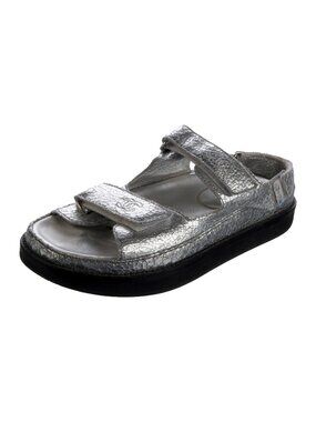 Chanel Silver Metallic CC Logo Leather Dad Platform Sandals